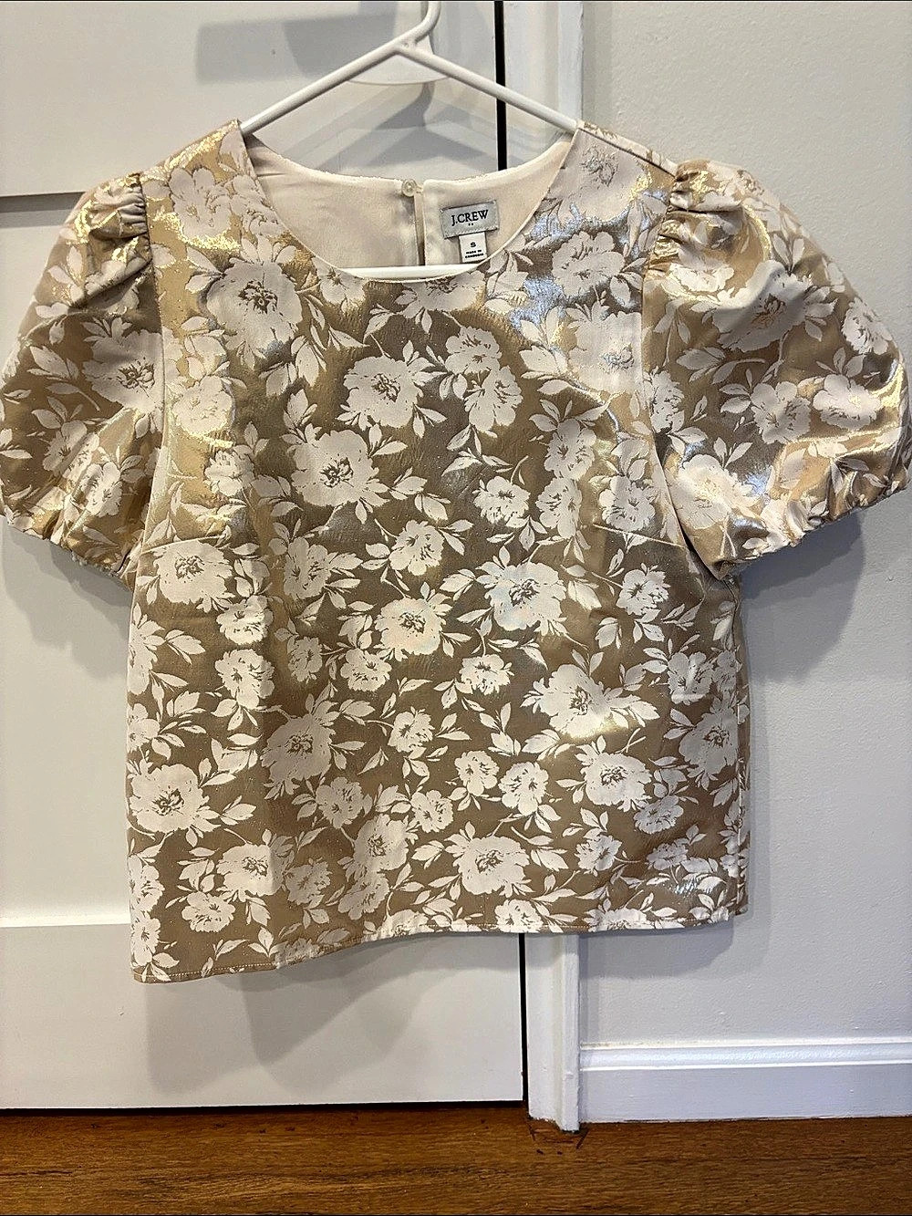 J.Crew Puff-sleeve Top Metallic Floral Brocade Gold & White Medium Like New